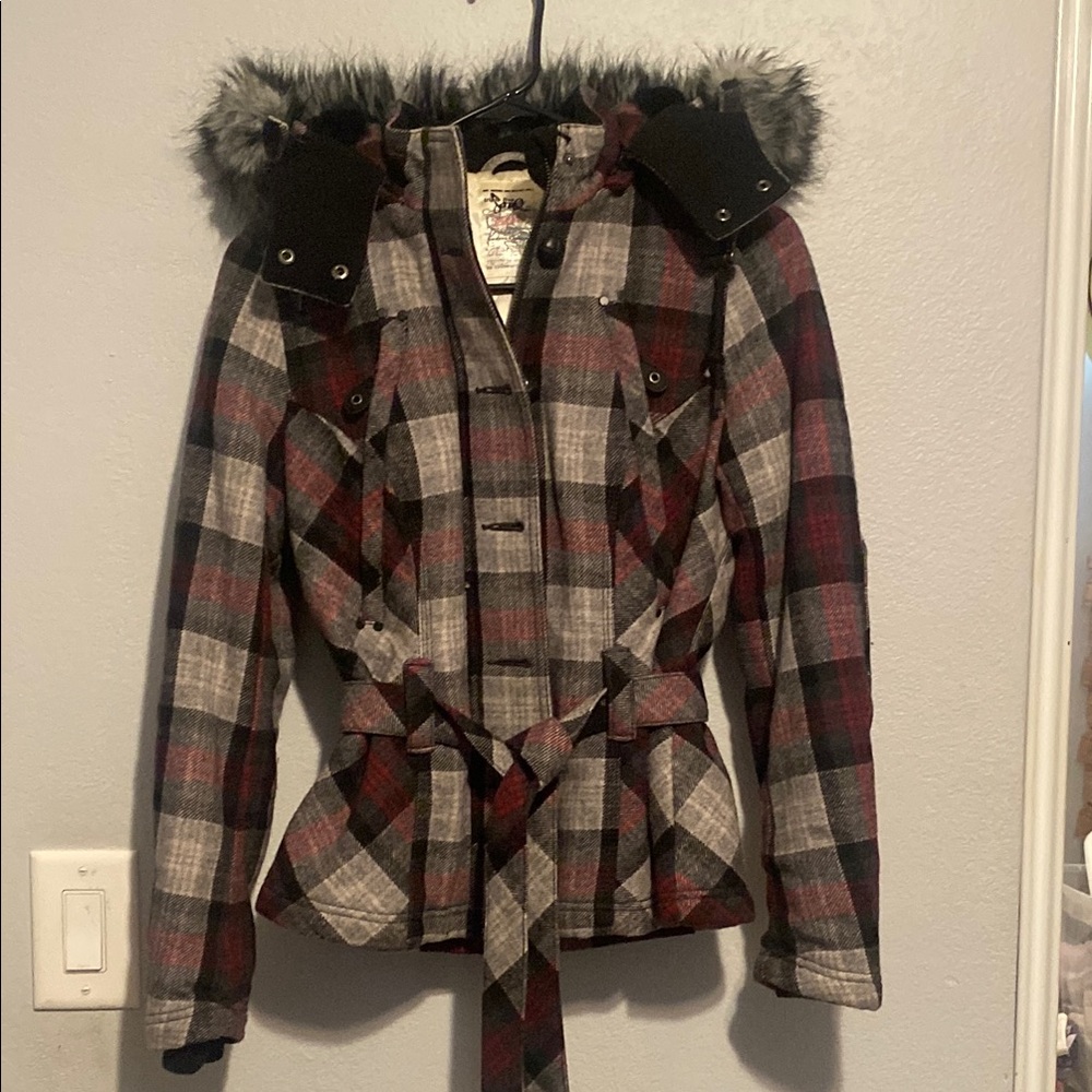 Triple Five Soul Red and Gray Ski Jacket with Fur Trim